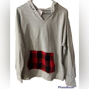 Festive Holiday Christmas Striped Hoodie with Red Buffalo Plaid Pocket (size L)